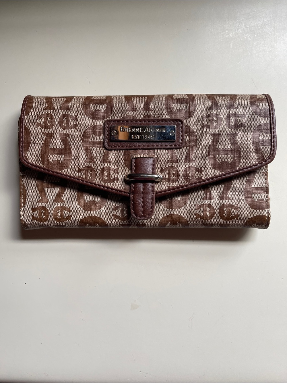 Etienne Aigner Brown Signature Canvas Wallet with Leather Trim